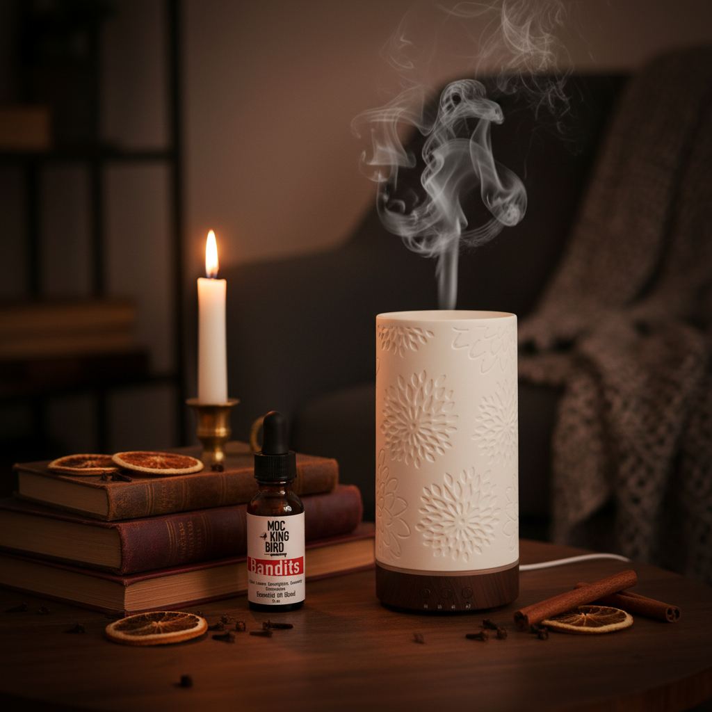 Bandits Essential Oil Blend – lifestyle with Joy Flower Diffuser in cozy autumn reading nook with candle, leather books, dried oranges and cloves