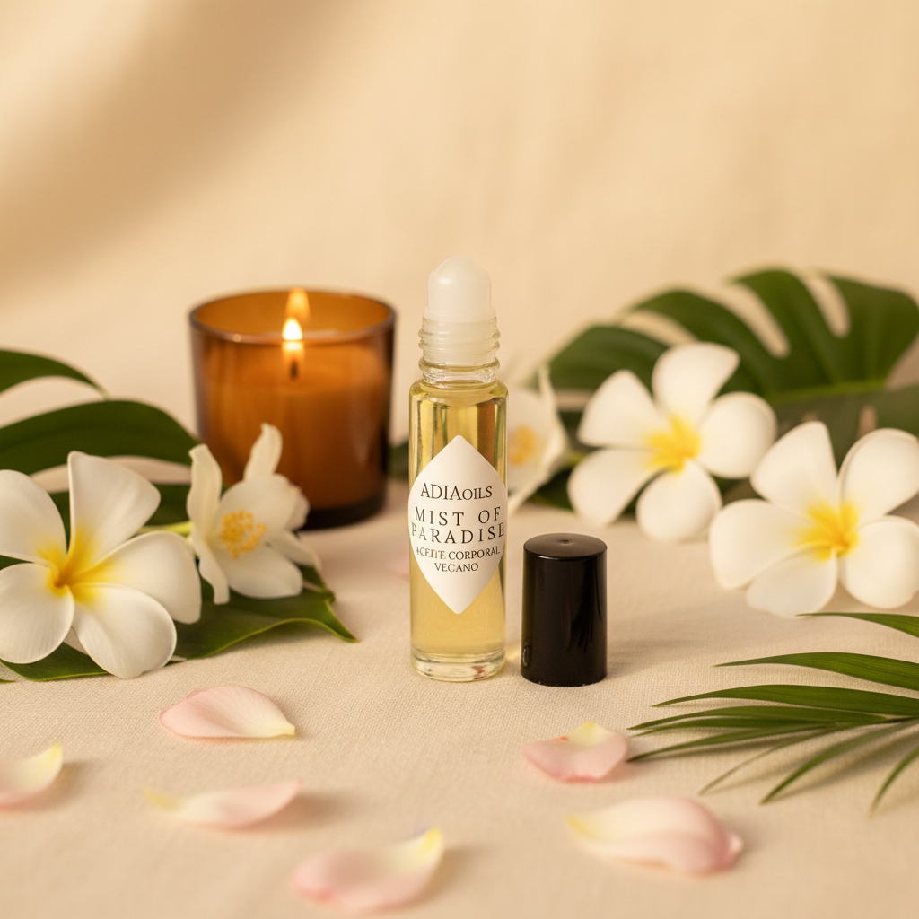 Adia Mist of Paradise Fragrance Oil styled with amber candle, tropical florals, and green leaves on cream linen