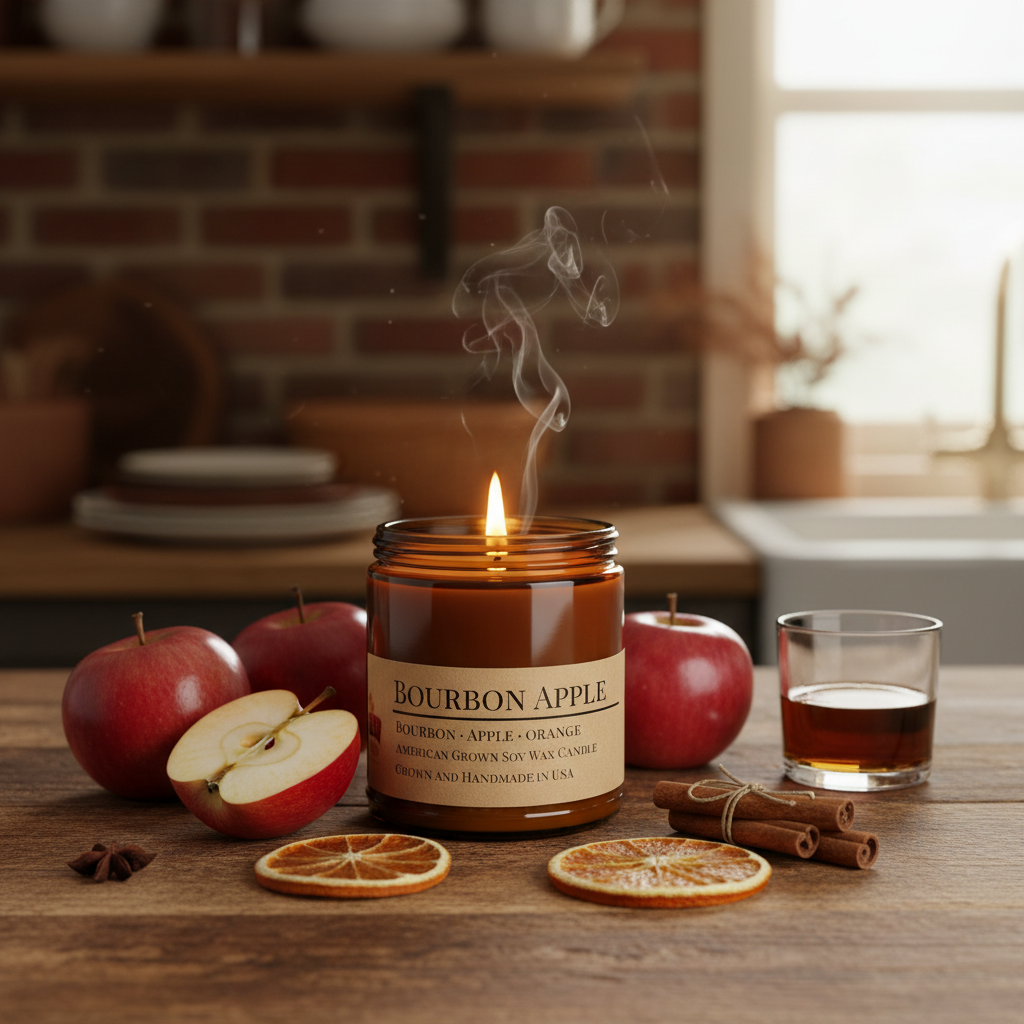Bourbon Apple candle lit on rustic farmhouse kitchen table with apples, orange slices, cinnamon and bourbon