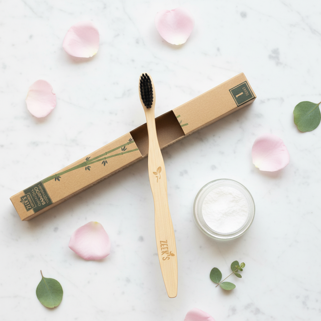 Bamboo charcoal toothbrush lifestyle flat lay with rose petals and eucalyptus on marble