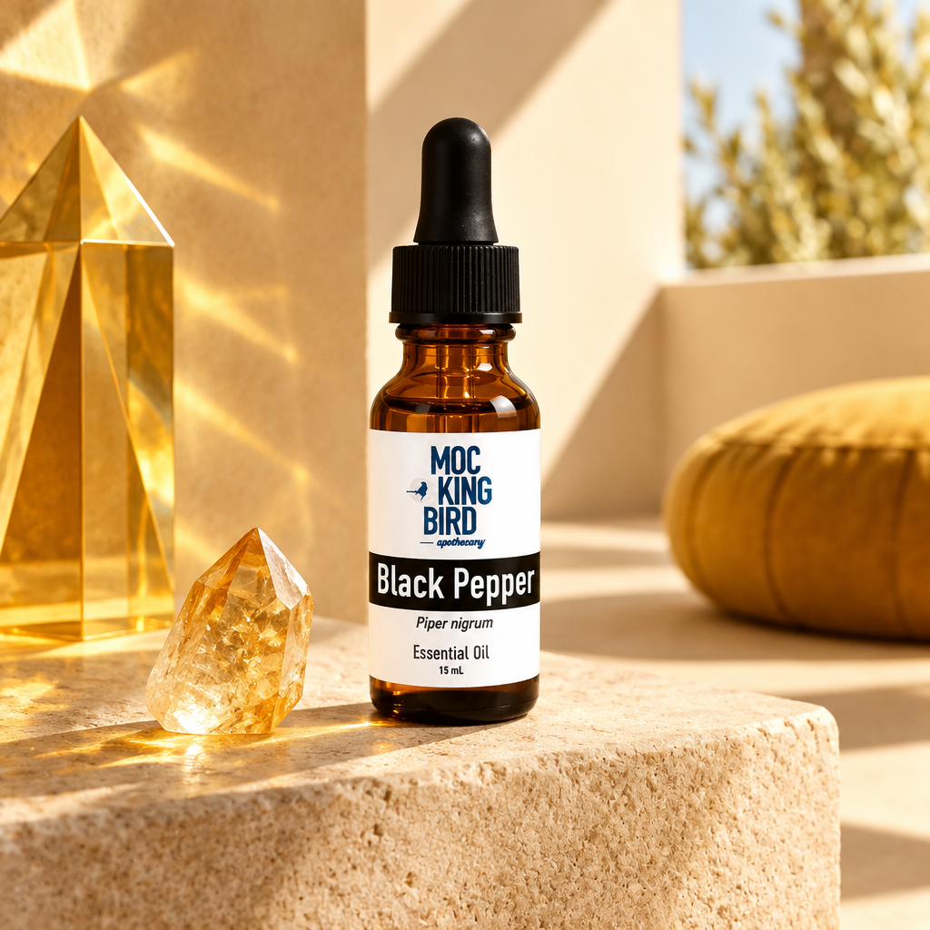 Black Pepper Essential Oil in a golden sunlit meditation setting.