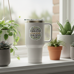 Plant lady vinyl sticker on a white tumbler on a windowsill surrounded by potted plants