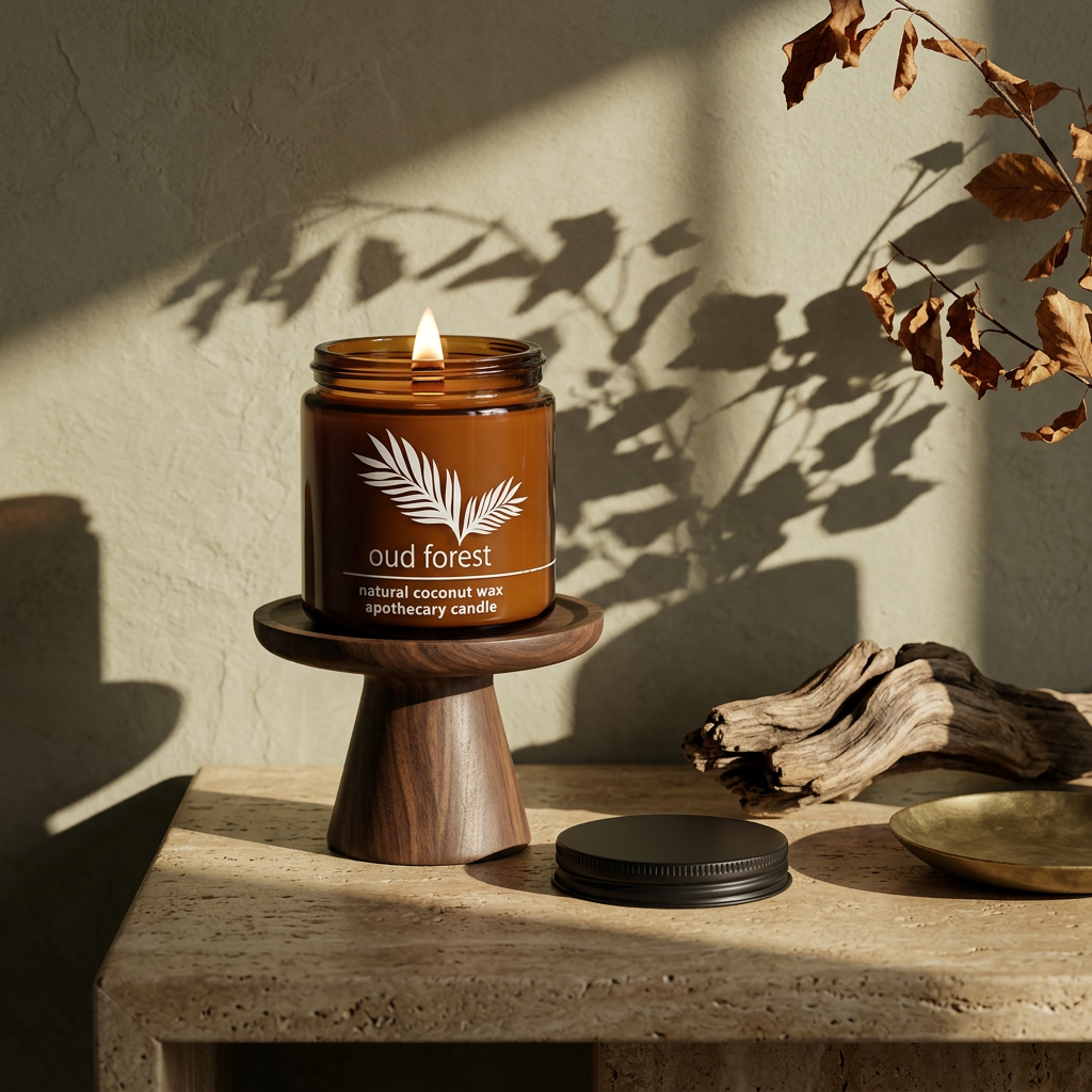 Oud Forest amber candle with a black lid on a sculptural walnut pedestal in golden autumn light