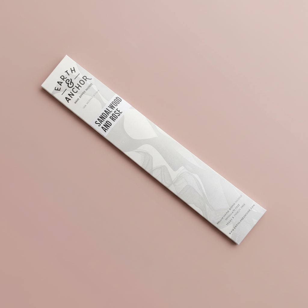 Sandalwood and Rose incense sleeve by Earth & Anchor on muted dusty rose blush background