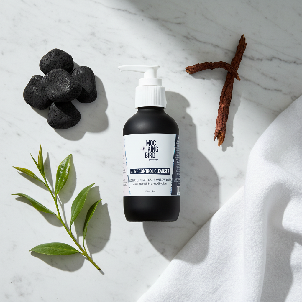 Activated Charcoal & Willow Bark Cleanser flat lay on white marble with charcoal stones and willow twig
