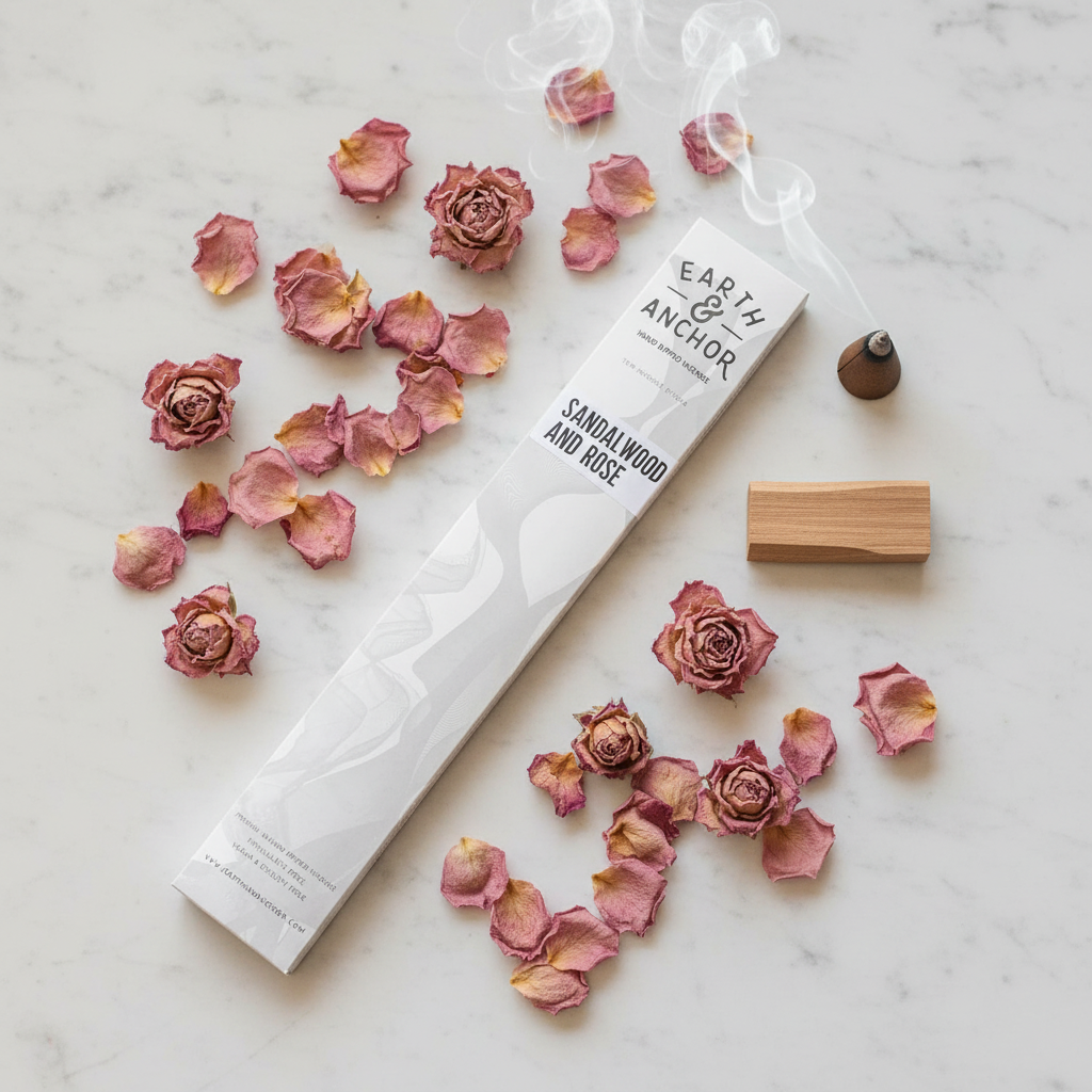 Sandalwood and Rose incense lifestyle flat lay with dried rose petals and raw sandalwood on white marble