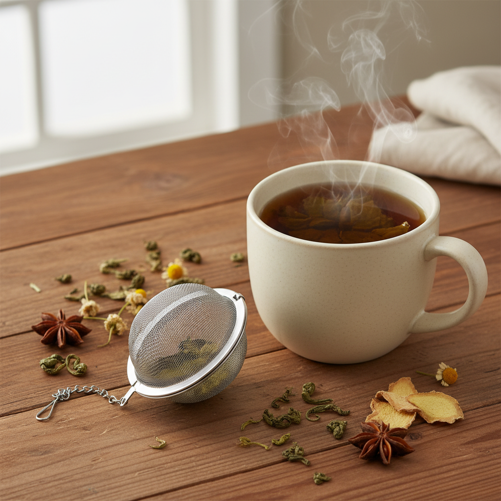 Mesh tea ball infuser beside a ceramic mug with loose-leaf tea lifestyle shot