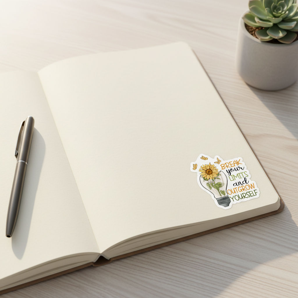 Outgrow Yourself vinyl sticker on an open journal with pen and succulent on a bright wooden desk