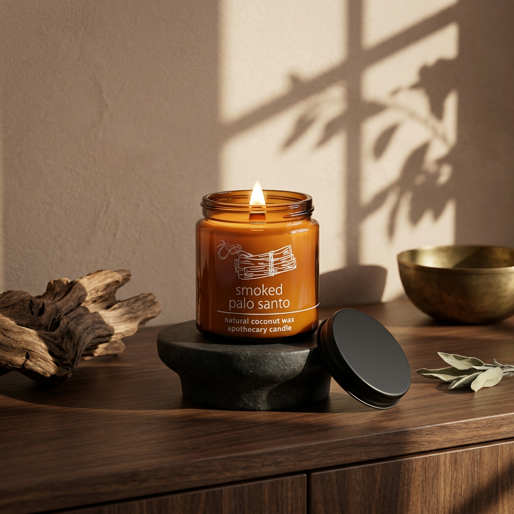 Smoked Palo Santo amber candle on a charcoal stone plinth and walnut console in golden autumn light