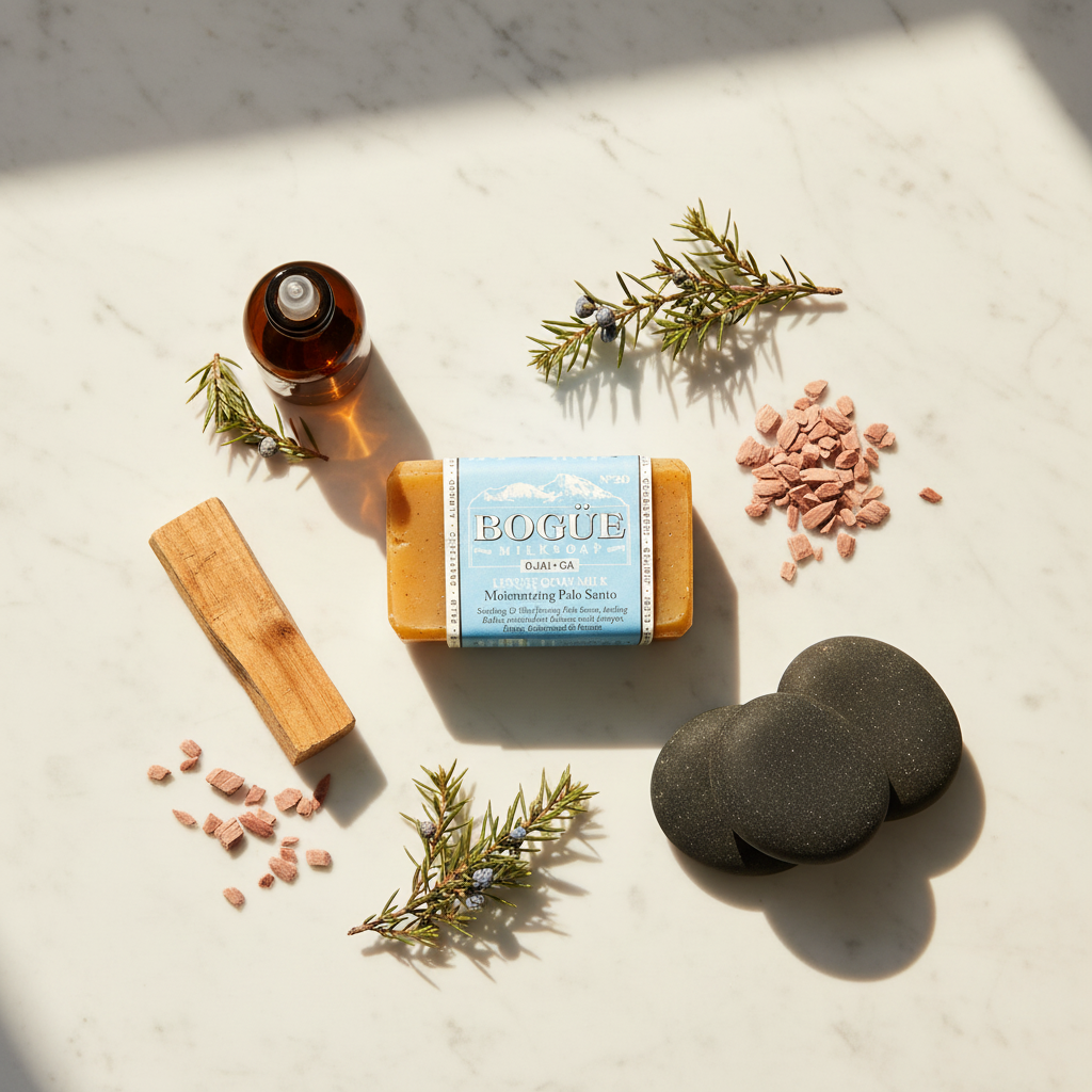 Palo Santo Goat Milk Bar Soap No.20 – lifestyle flat lay with palo santo wood, cedarwood, juniper and stones