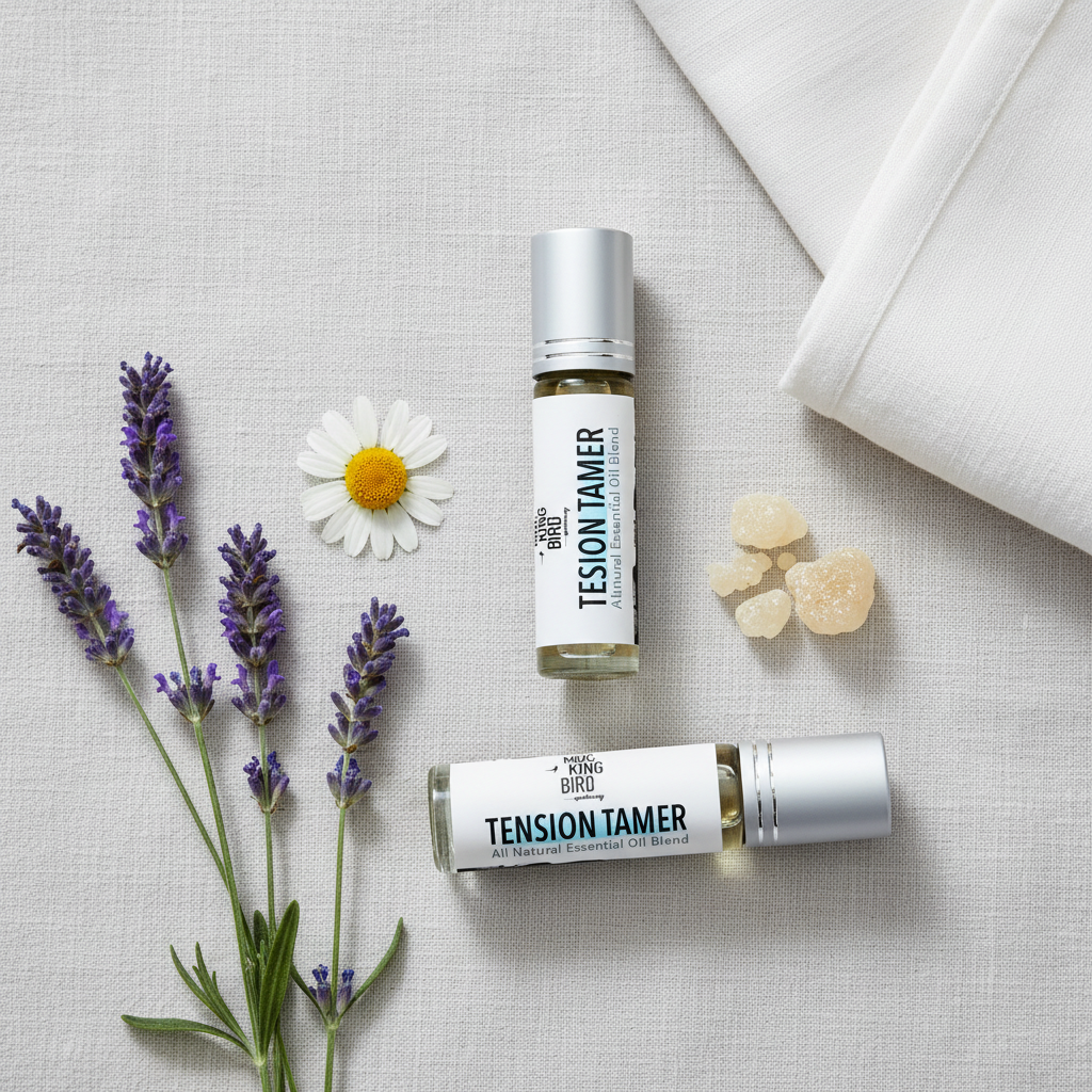 Tension Tamer rollerball flat lay with lavender sprigs, chamomile, frankincense resin on soft linen