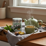 Sniffle Slayer Herbal Tisane tin with sage green ceramic teapot and mug on wooden tray with ginger root, mint and elderberries