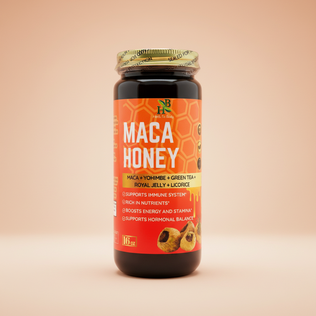 Herb To Body Maca Honey jar on pale warm orange background