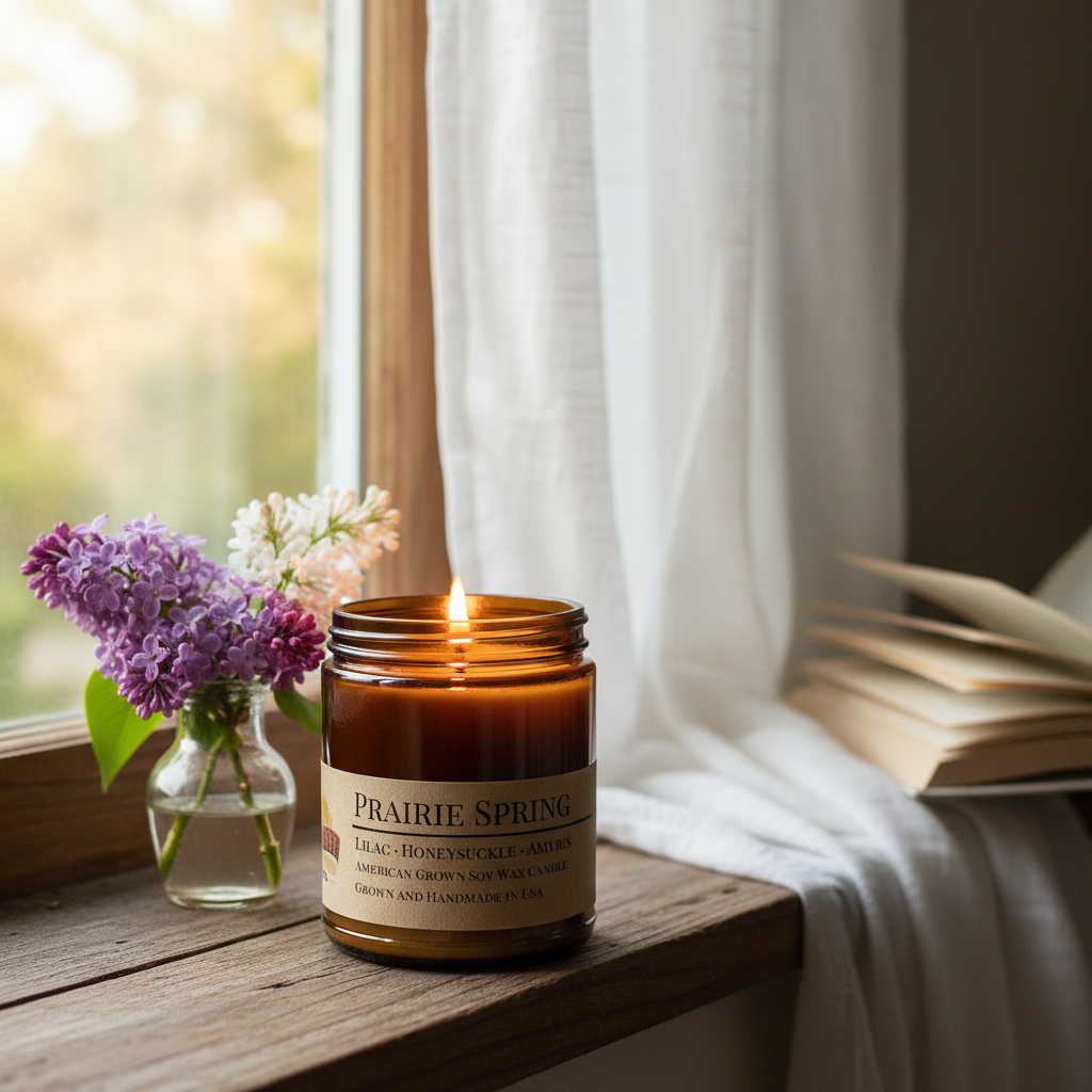 Prairie Spring candle on windowsill with lilac blooms and sheer spring curtains