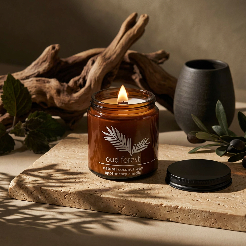Lit Oud Forest apothecary candle on travertine with sculptural driftwood and smoky olive styling