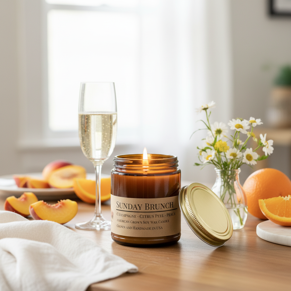 Sunday Brunch candle lit on brunch table with champagne flute, peach slices, orange wedges and fresh flowers
