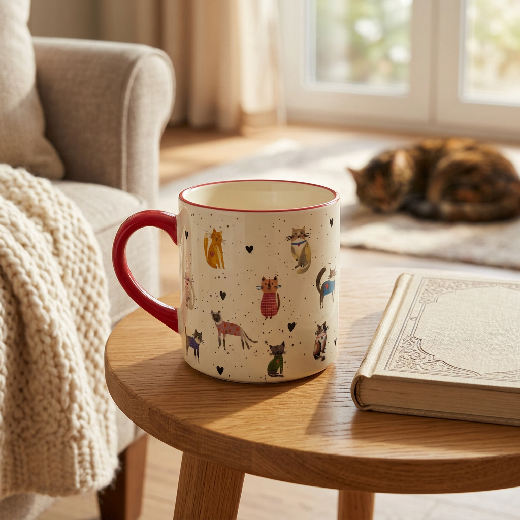 Cat and hearts coffee mug beside a book in a cozy reading nook