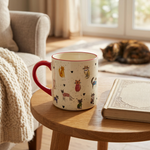 Cat and hearts coffee mug beside a book in a cozy reading nook