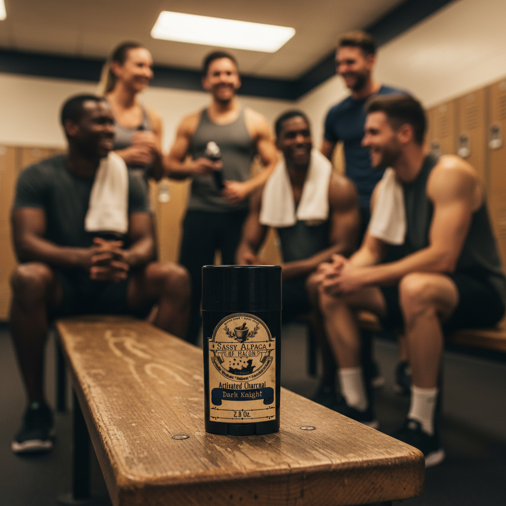 Dark Knight deodorant on gym locker room bench with diverse men post-workout in background