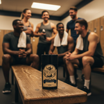 Dark Knight deodorant on gym locker room bench with diverse men post-workout in background