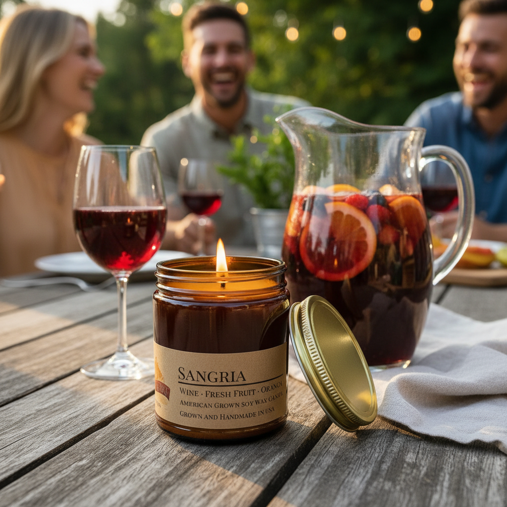 Sangria candle lit on outdoor table with sangria pitcher, orange slices, berries and wine glass