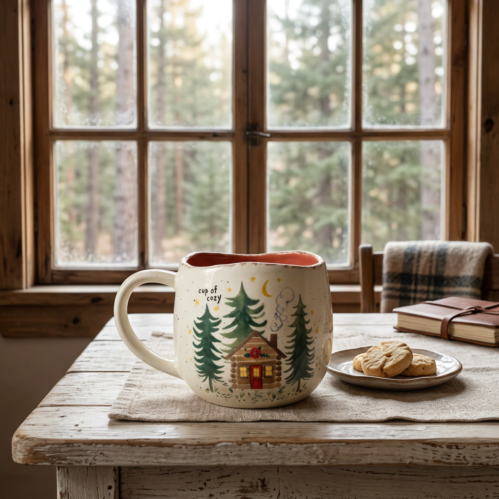 Woodland cabin Cup of Cozy mug styled on a breakfast table beside a cabin window