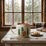 Woodland cabin Cup of Cozy mug styled on a breakfast table beside a cabin window