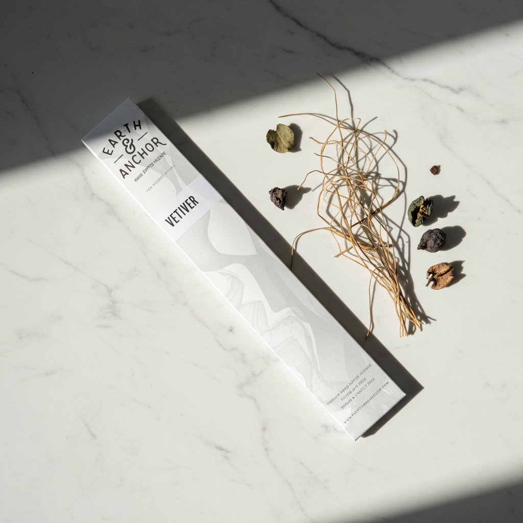 Vetiver incense lifestyle flat lay with dried vetiver grass roots and earthy botanicals on white marble