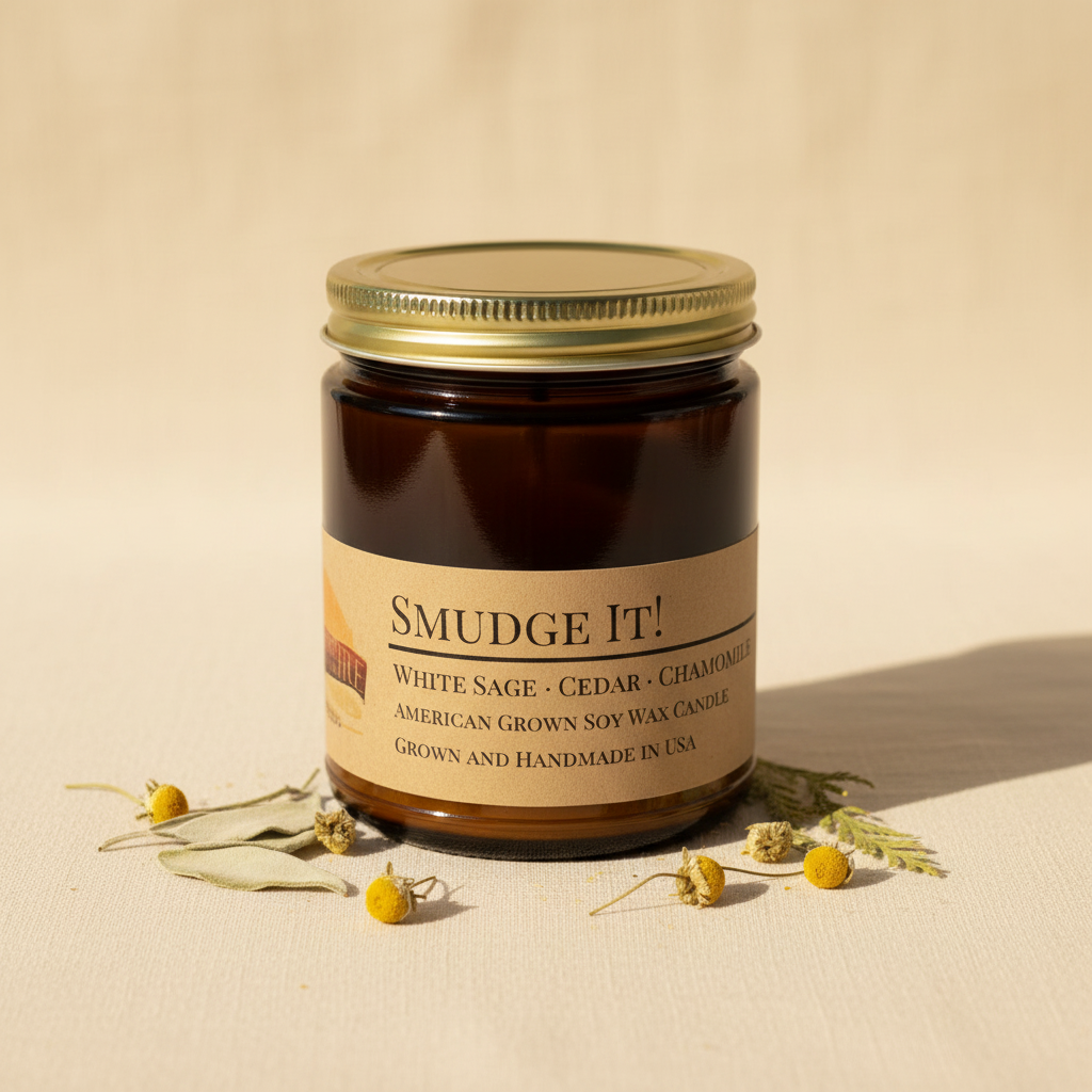 Smudge It! soy candle in amber apothecary jar on warm cream linen background with shadow