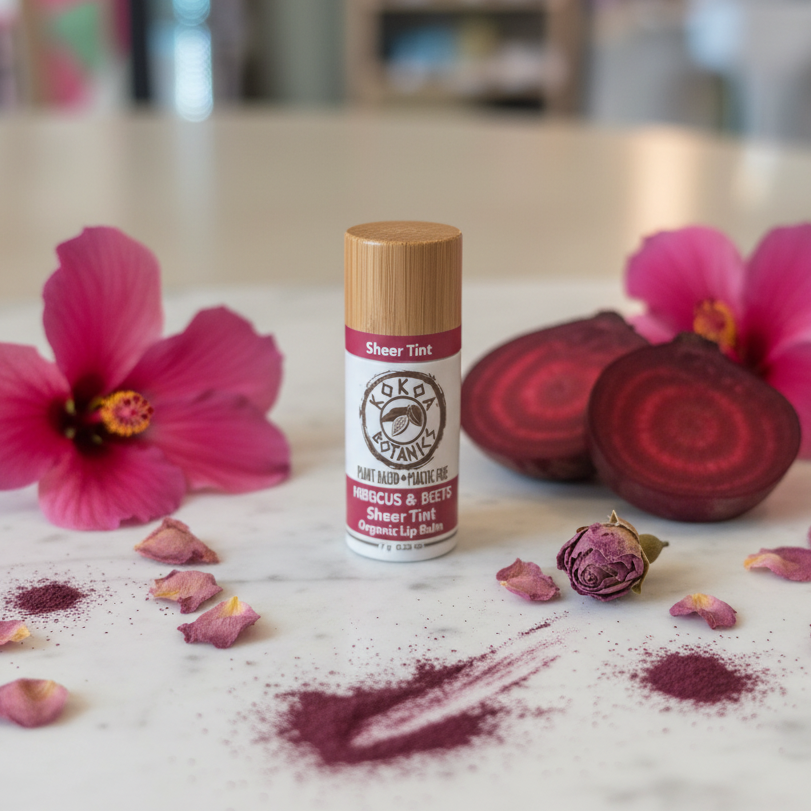 Kokoa Botanics Hibiscus & Beets Lip Balm styled with hibiscus flowers, beet root, and rose petals on marble