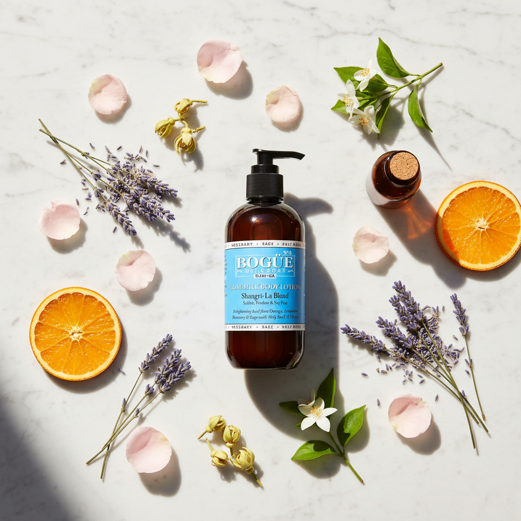 Bogüe Milk Soap No.9 Shangri-La Blend – lifestyle flat lay with orange, lavender, rose petals and jasmine