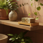 Bamboo soap dish with artisan bar soap in a rustic plant-filled bathroom