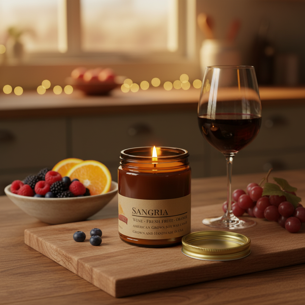 Sangria candle on kitchen counter with mixed berries, oranges, wine glass and grapes