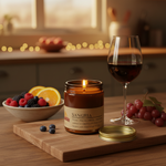 Sangria candle on kitchen counter with mixed berries, oranges, wine glass and grapes