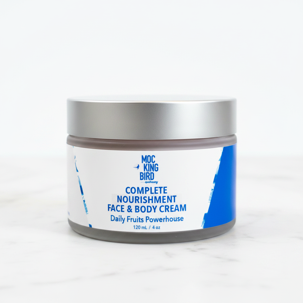 Fruit Superfood Face & Body Cream front label on white marble background