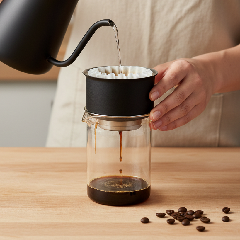 Fellow Stagg X Short pour over set assembled mid-pour with gooseneck kettle, coffee dripping into glass carafe on wood surface