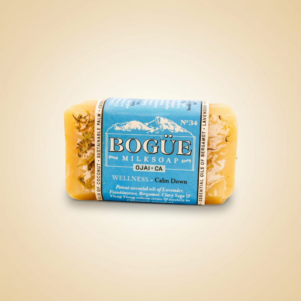 Bogüe Milk Soap No.34 Calm Down Wellness Blend – hero on warm amber background