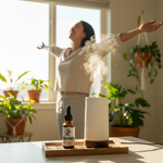 Abundant Life Essential Oil Blend – lifestyle with Joy Flower Diffuser, Asian woman arms open to morning light
