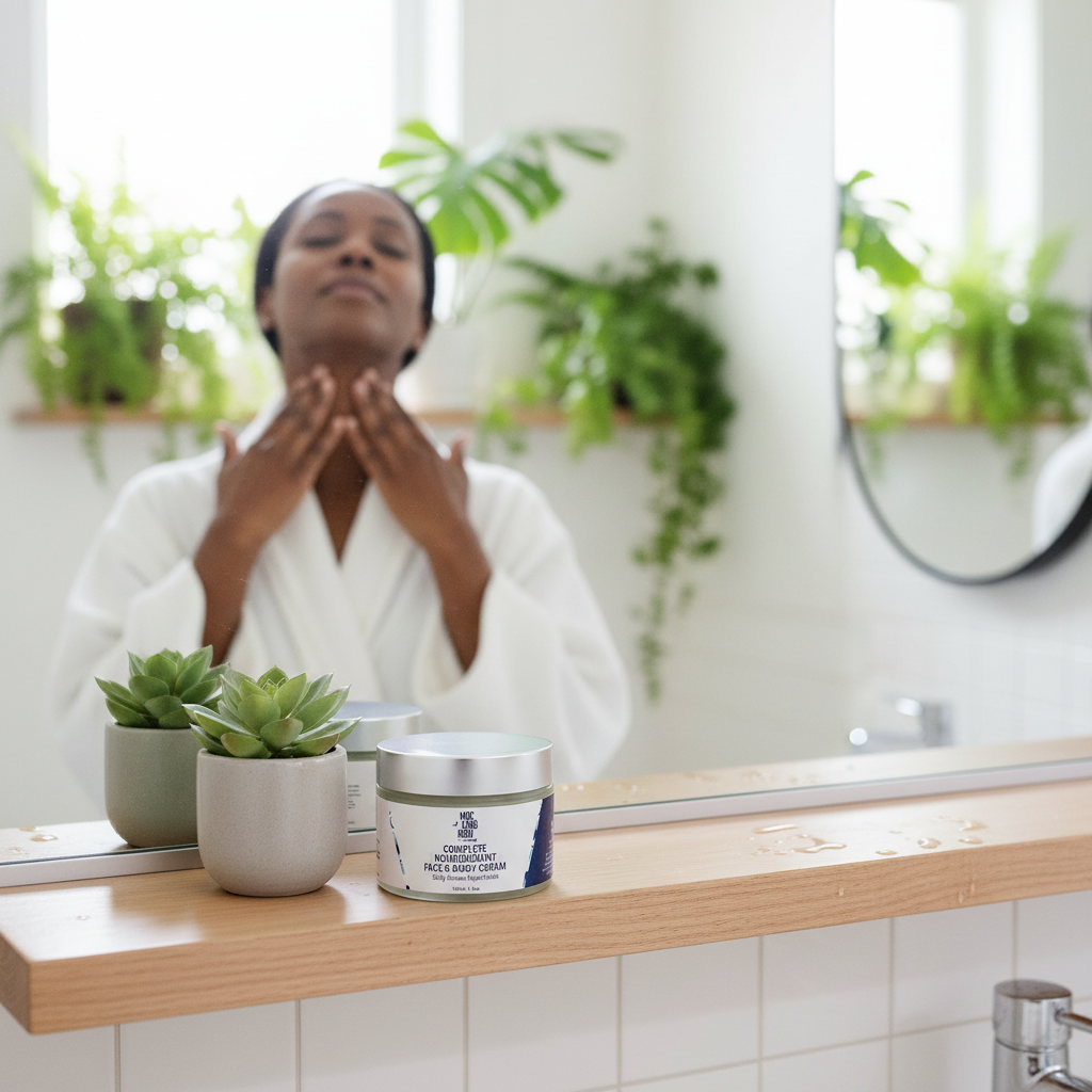 Daily Greens Superfood Cream lifestyle with Black woman applying cream to neck in botanical bathroom