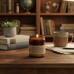 Ad Astra candle on wooden desk with stacked books, succulent and ceramic mug in cozy study