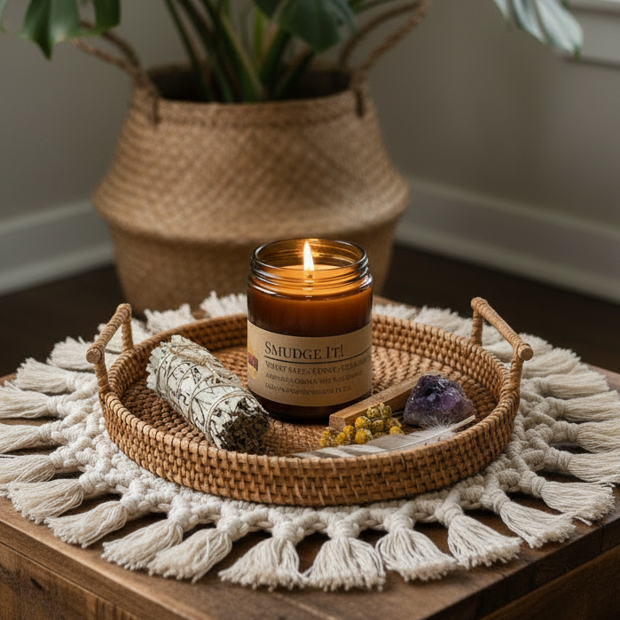 Smudge It! candle on boho rattan tray with sage bundle, palo santo, amethyst and large fiddle leaf fig tree in corner