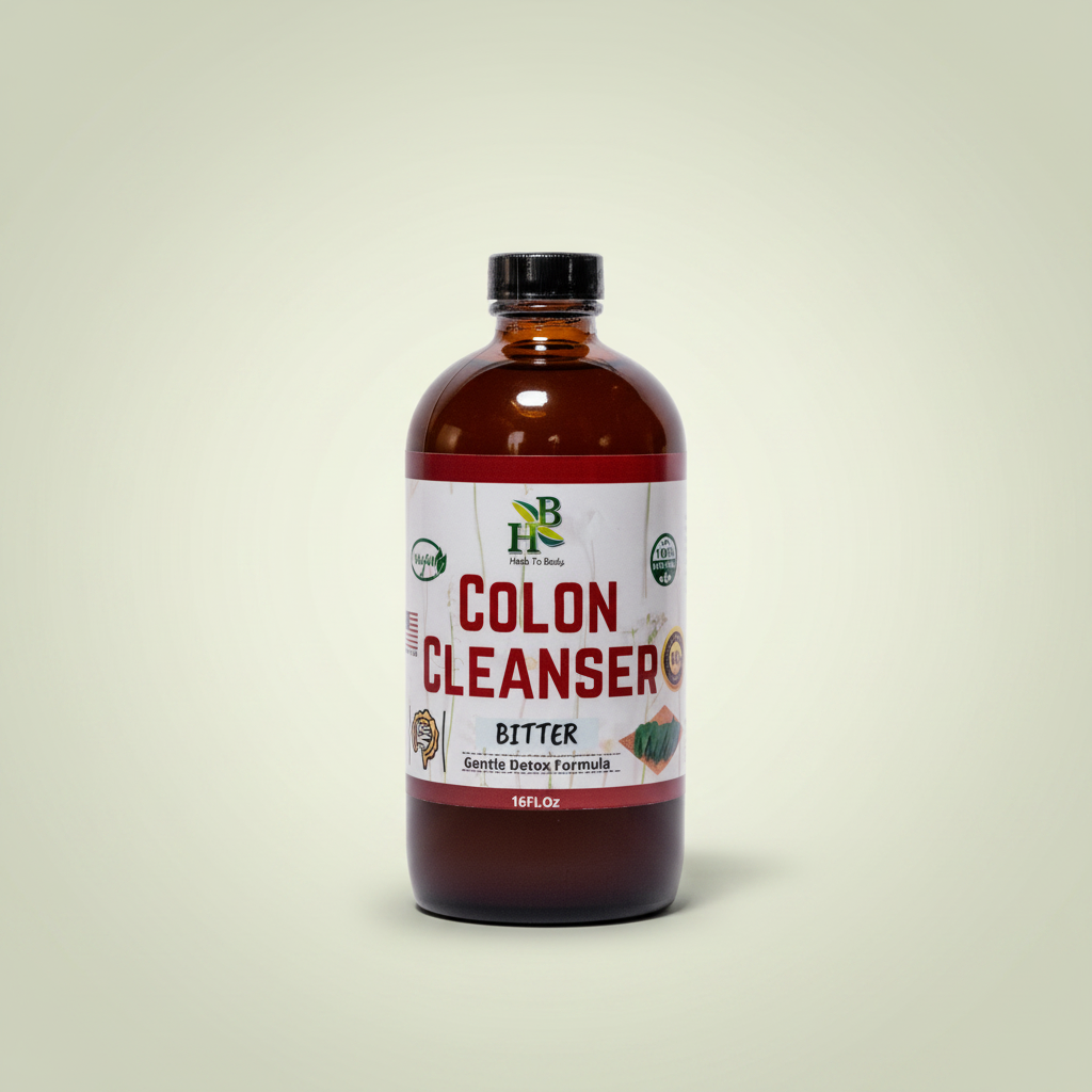 Herb To Body Colon Cleanser Bitter bottle on pale sage green background