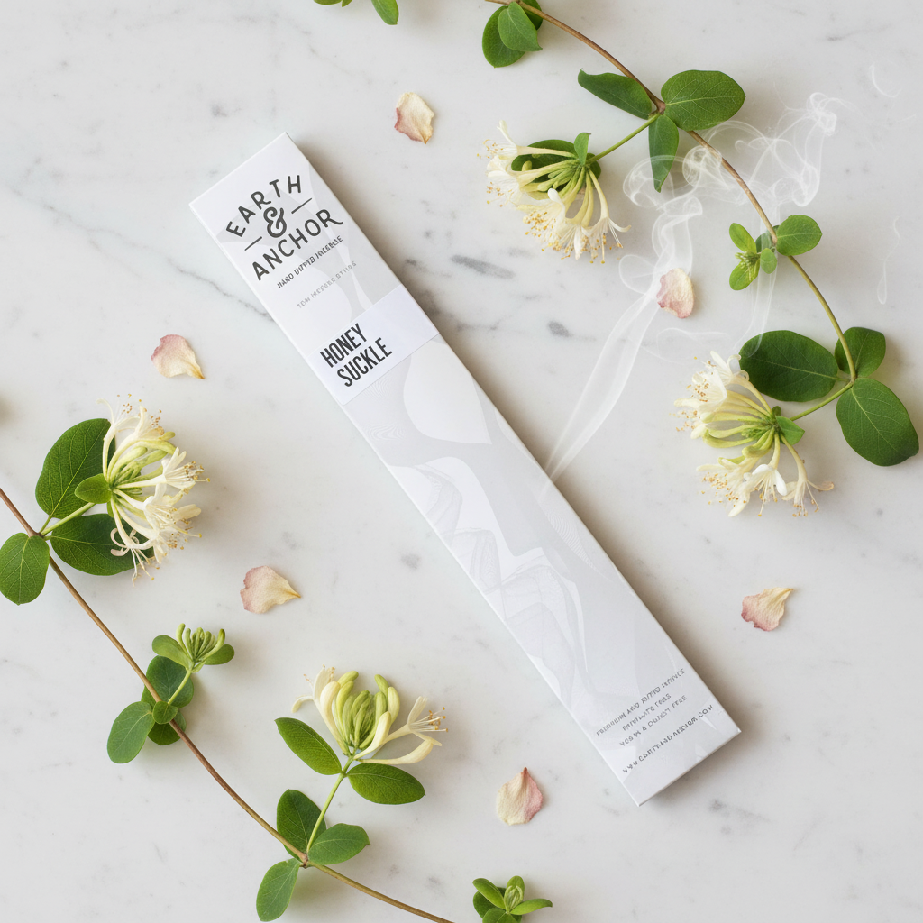 Honeysuckle incense lifestyle flat lay with fresh honeysuckle blossoms and petals on white marble