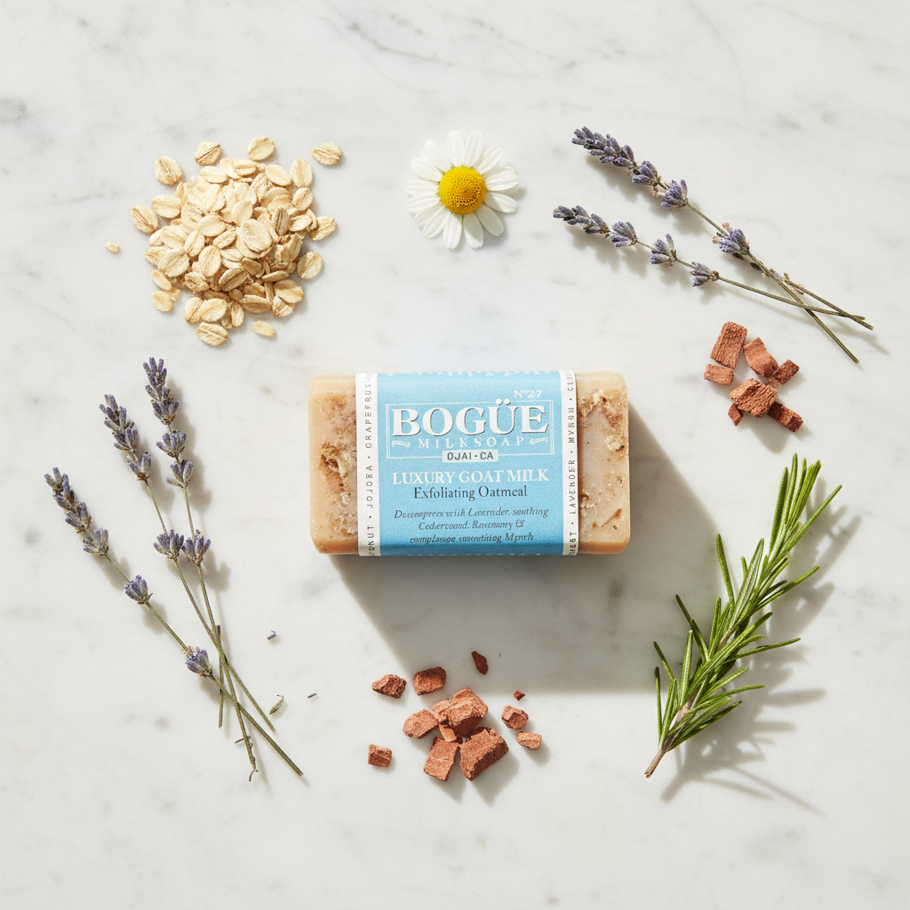 Colloidal Oatmeal & Calendula Goat Milk Bar Soap – lifestyle flat lay with oats, lavender, chamomile, rosemary and cedar