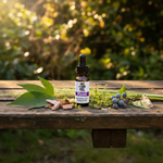 Mood Essential Oil Blend – eclectic outdoor on garden bench with patchouli, cedarwood, thyme and juniper