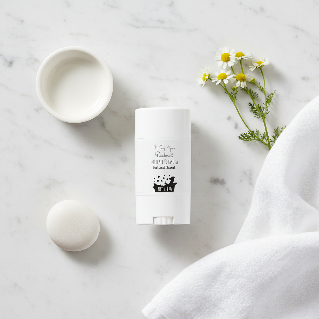 Delicate fragrance-free magnesium deodorant flat lay on white marble with chamomile, white stone and linen