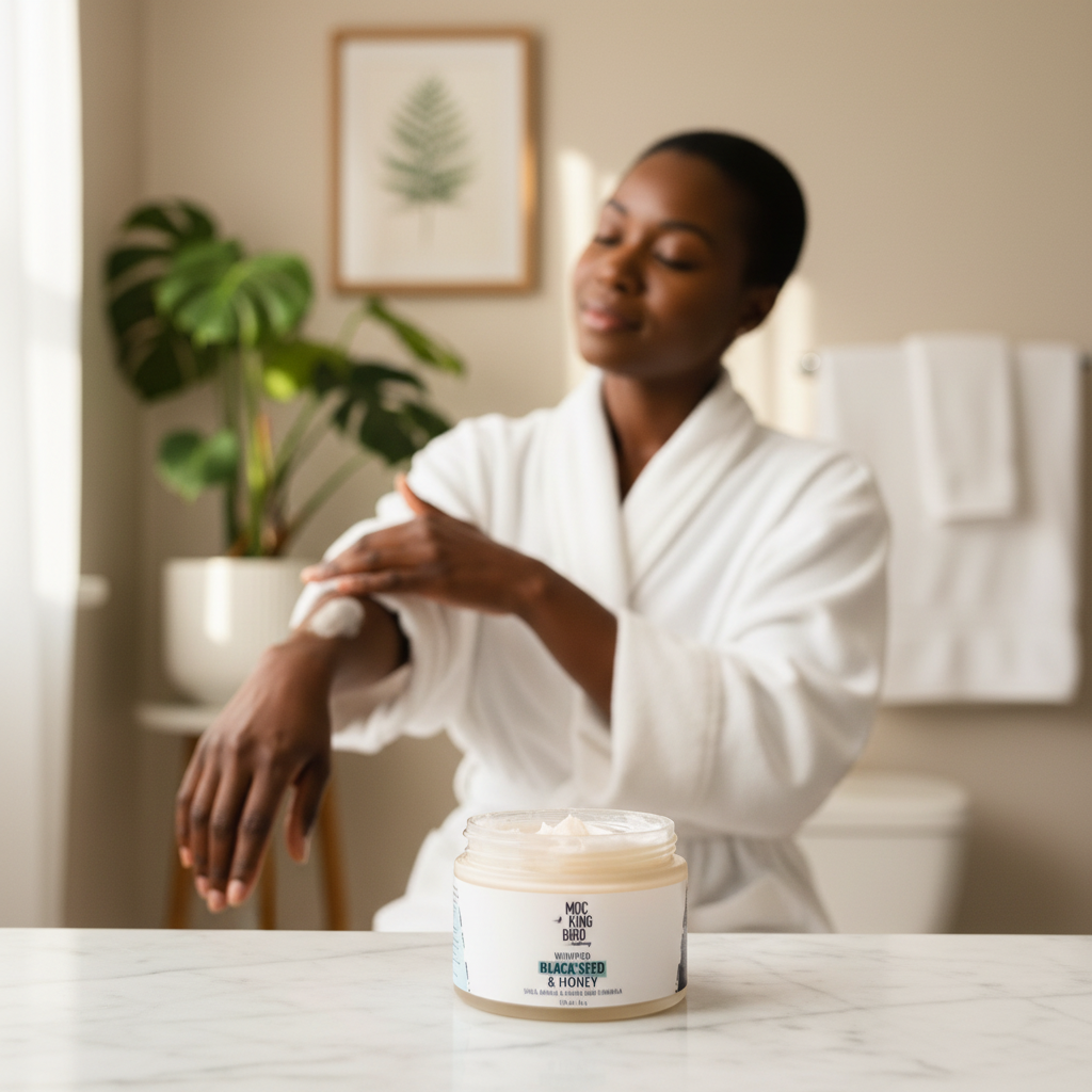 Black Seed & Honey Body Butter on bathroom vanity with Black woman applying body butter in soft morning light