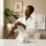 Black Seed & Honey Body Butter on bathroom vanity with Black woman applying body butter in soft morning light