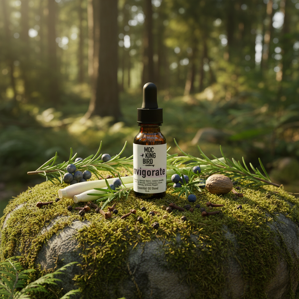 Invigorate Essential Oil Blend – eclectic outdoor on mossy forest rock with rosemary, juniper, silver fir and black pepper