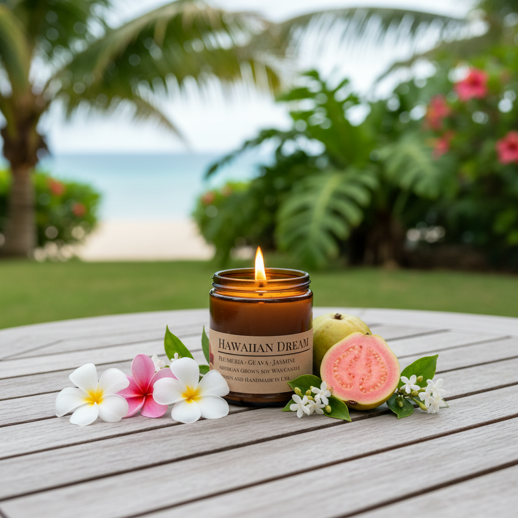 Hawaiian Dream candle lit on tropical lanai with plumeria blossoms, guava and jasmine